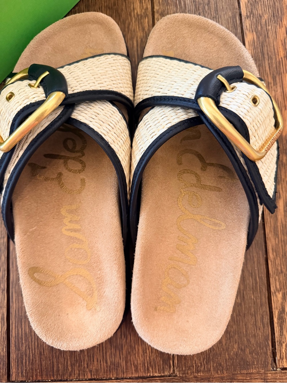 NIB Sam Edelman Darla Multi Buckle Slide Sandal in Linen/Black Faux Raffia - Picture 3 of 6